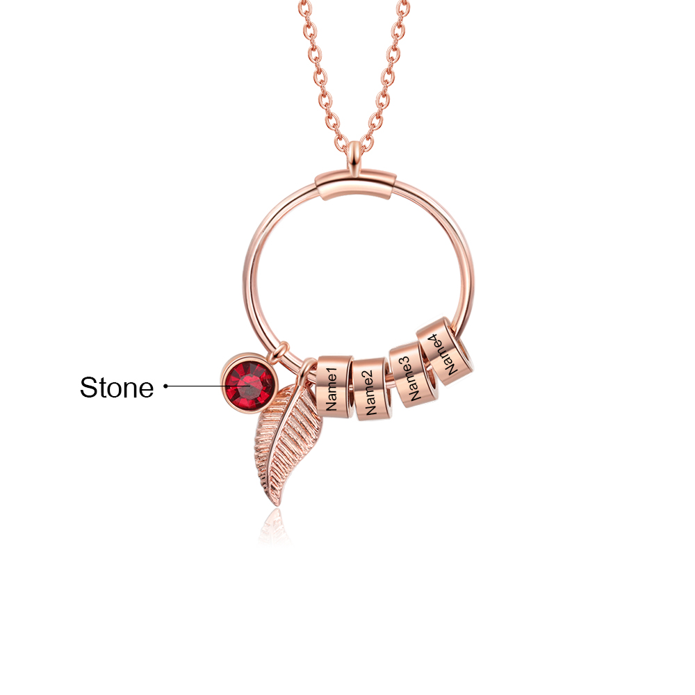 Collana con ciondolo foglia e cerchio 4 nomi e 4 pietre di nascita personalizzati regalo per donna