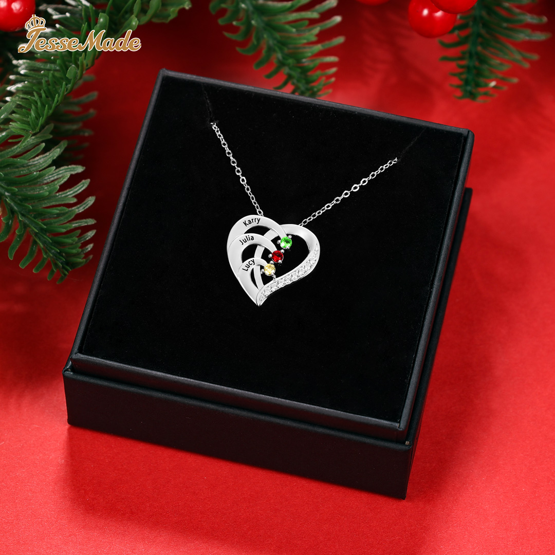 Argento S925 Collana con 3 nomi personalizzati e 3 pietre di nascita in ciondolo a cuore