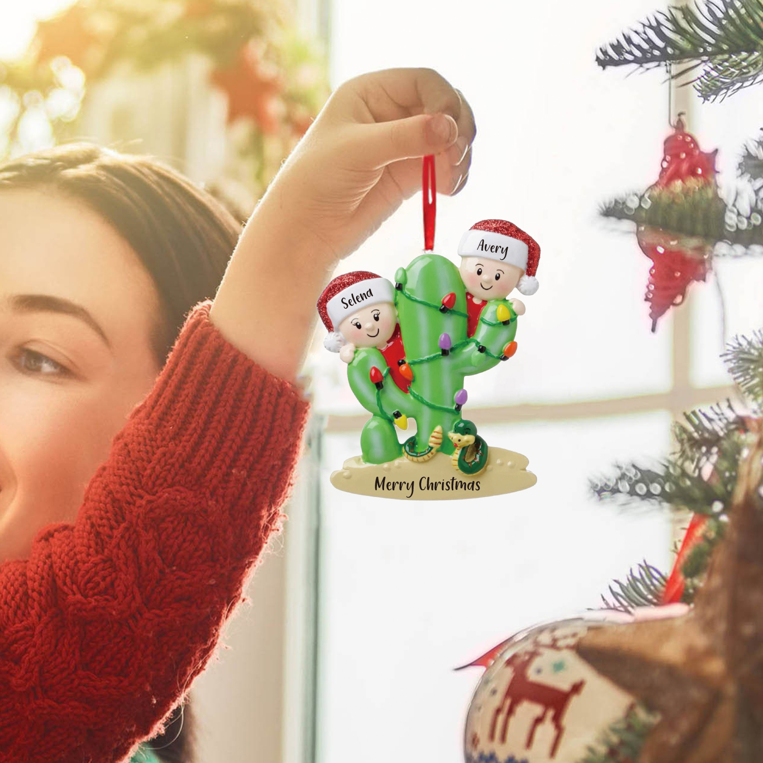 Bianco Natale mille candele... Ornamenti cactus ciondolo per albero di Natale 2 nomi personalizzati