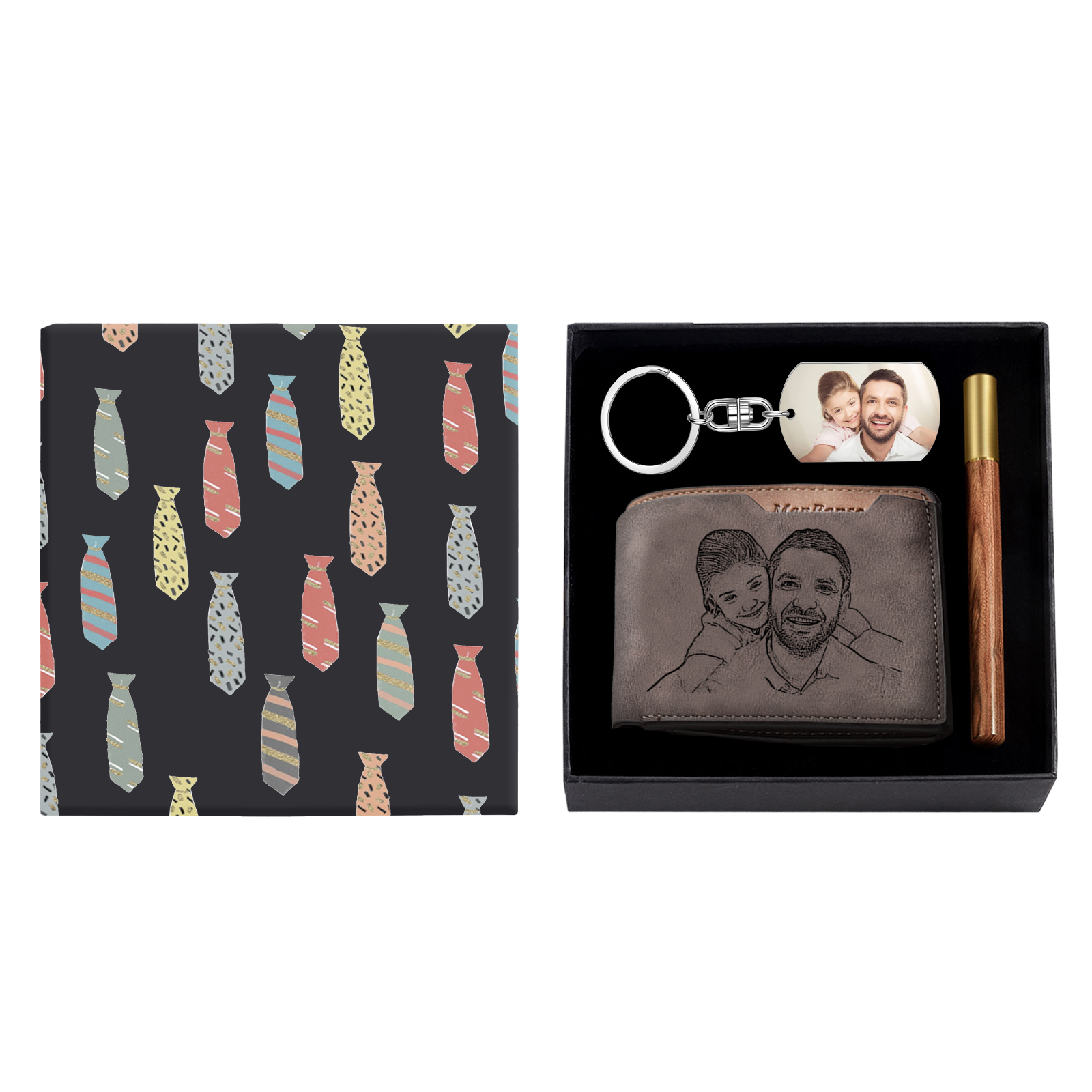 Personalized Leather Wallet Gift Box Set with Keychain Customizable 2 Photo,1 Text and 1 Date Wallet Gift for Him