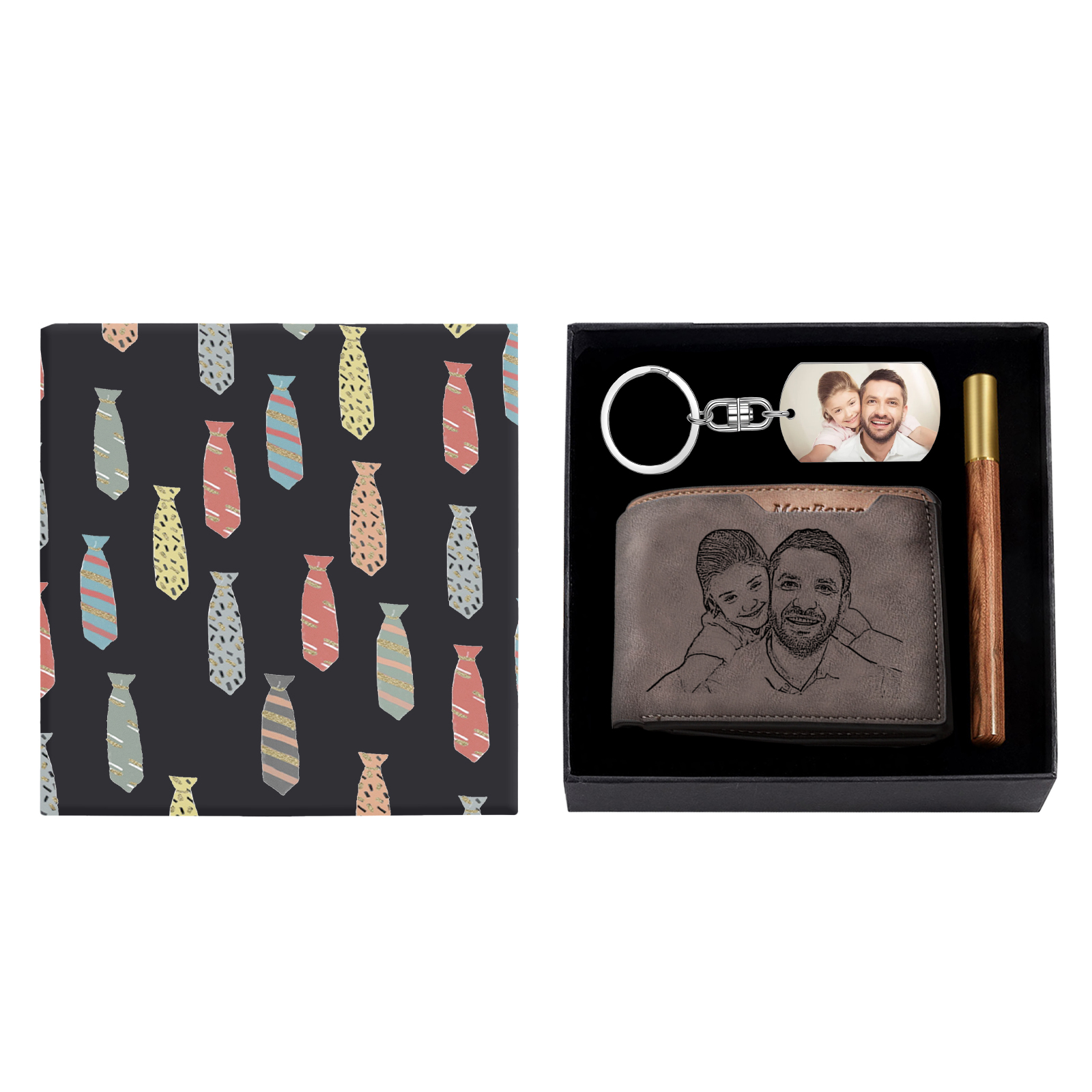 Personalized Leather Wallet Gift Box Set with Keychain Customizable 2 Photo,1 Text and 1 Date Wallet Gift for Him