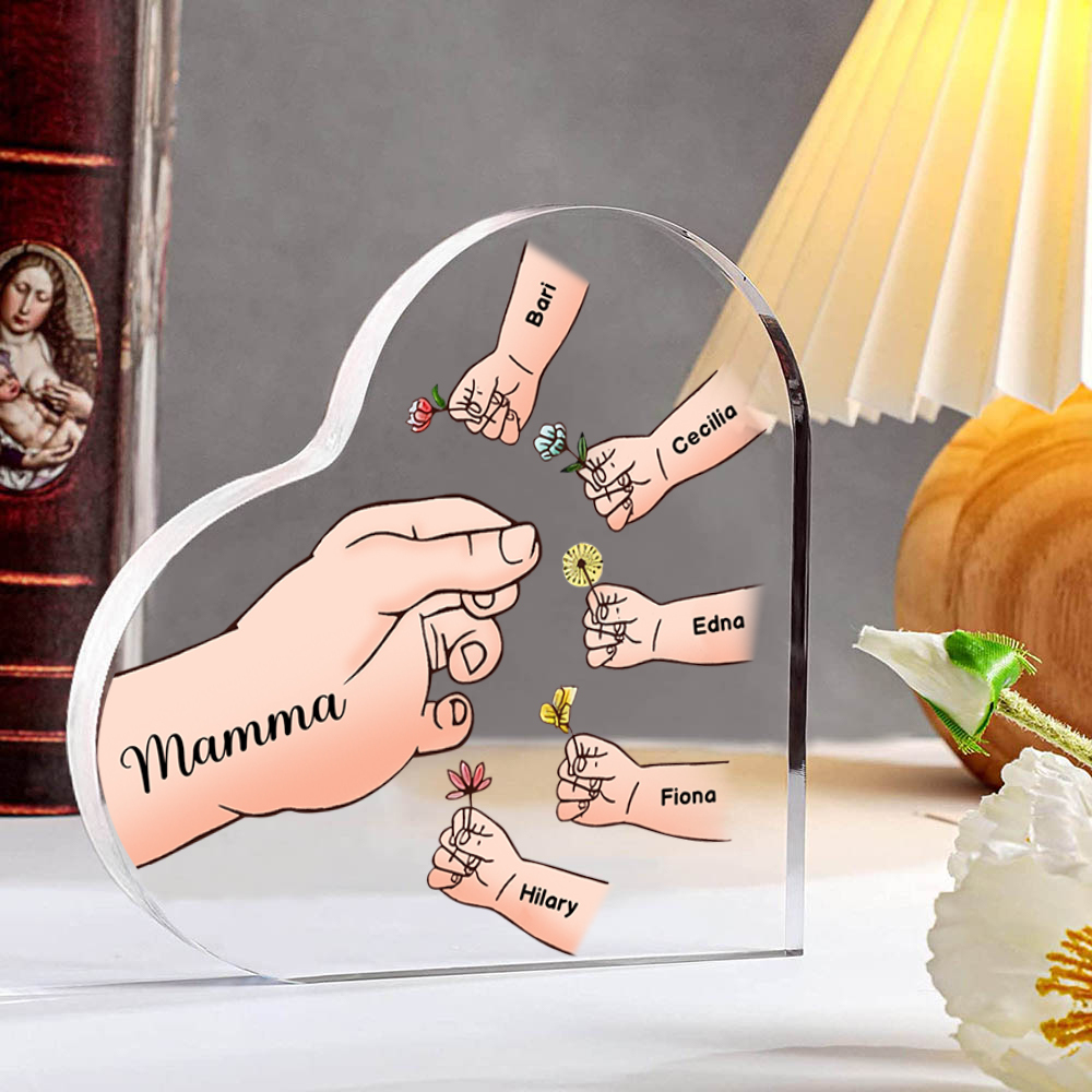 Targa acrilica personalizzata a forma di cuore "Mani" - con 1-8 nomi e fiori - Regalo per la mamma