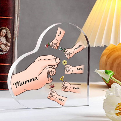 Targa acrilica personalizzata a forma di cuore "Mani" - con 1-8 nomi e fiori - Regalo per la mamma