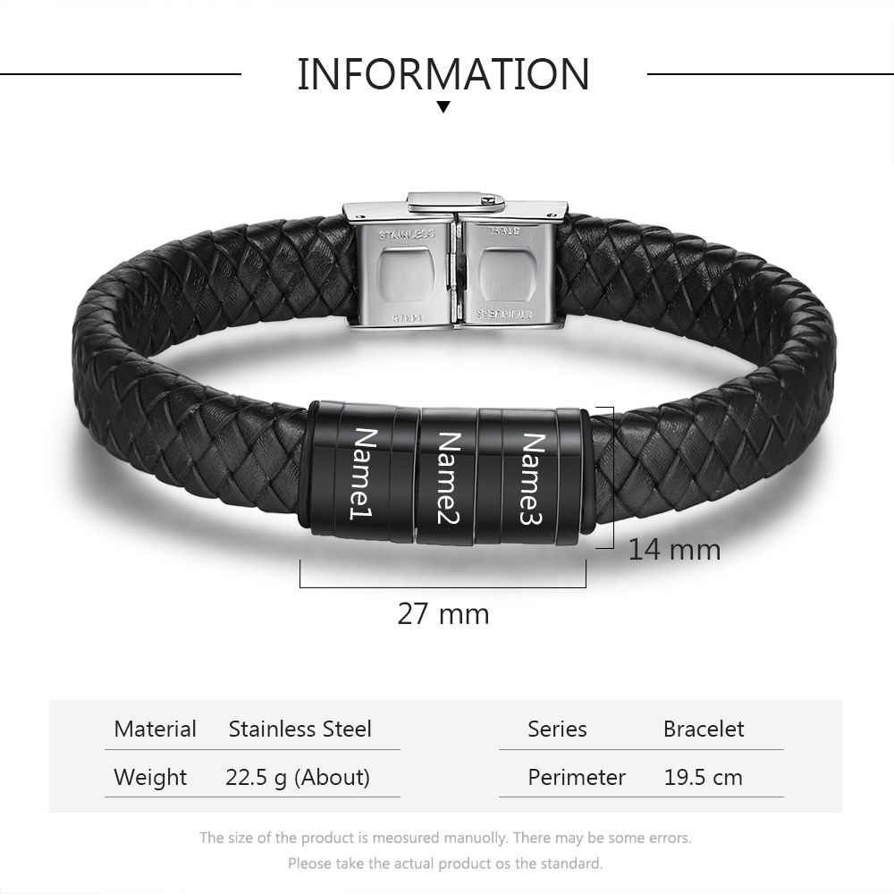 Braccialetto in pelle intrecciata Bracciale maschile con 3 perline e 3 nomi personalizzati