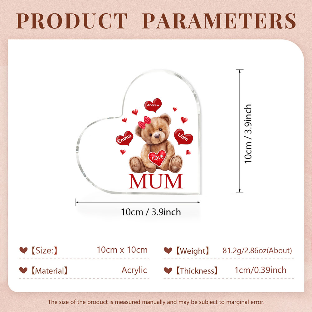 MAMMA Decorazione acrilica con orsacchiotto a forma di cuore 3 nomi e 2 testi personalizzati per mamma/nonna