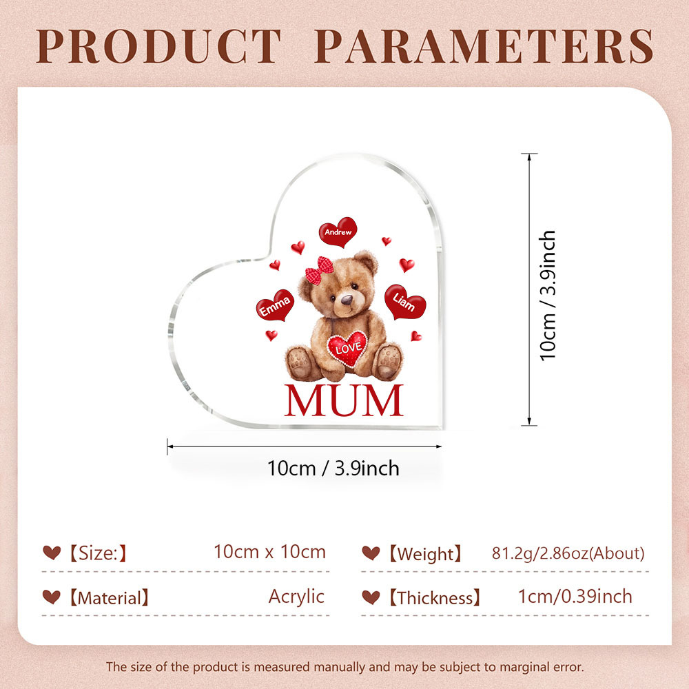 MAMMA Decorazione acrilica con orsacchiotto a forma di cuore 3 nomi e 2 testi personalizzati per mamma/nonna