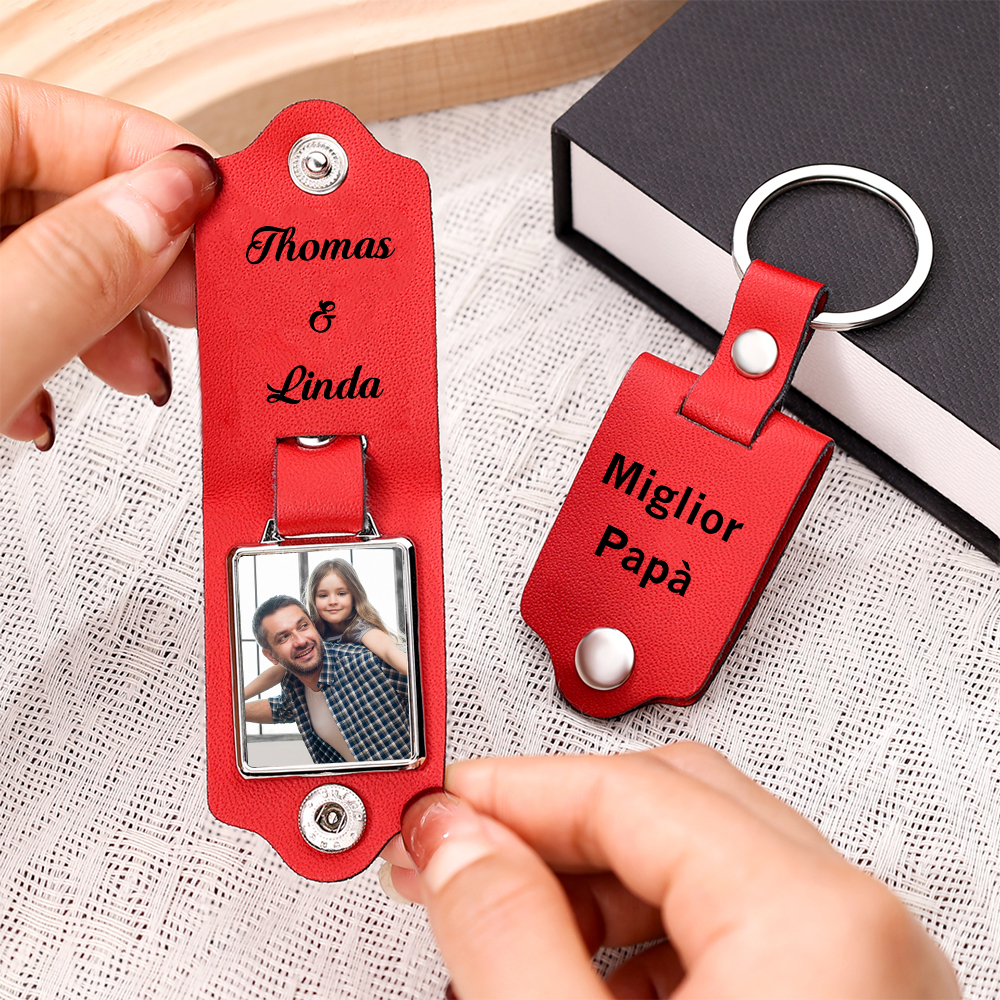 Portachiavi Pelle 1 foto e 2 nomi personalizzabili regalo per Papà