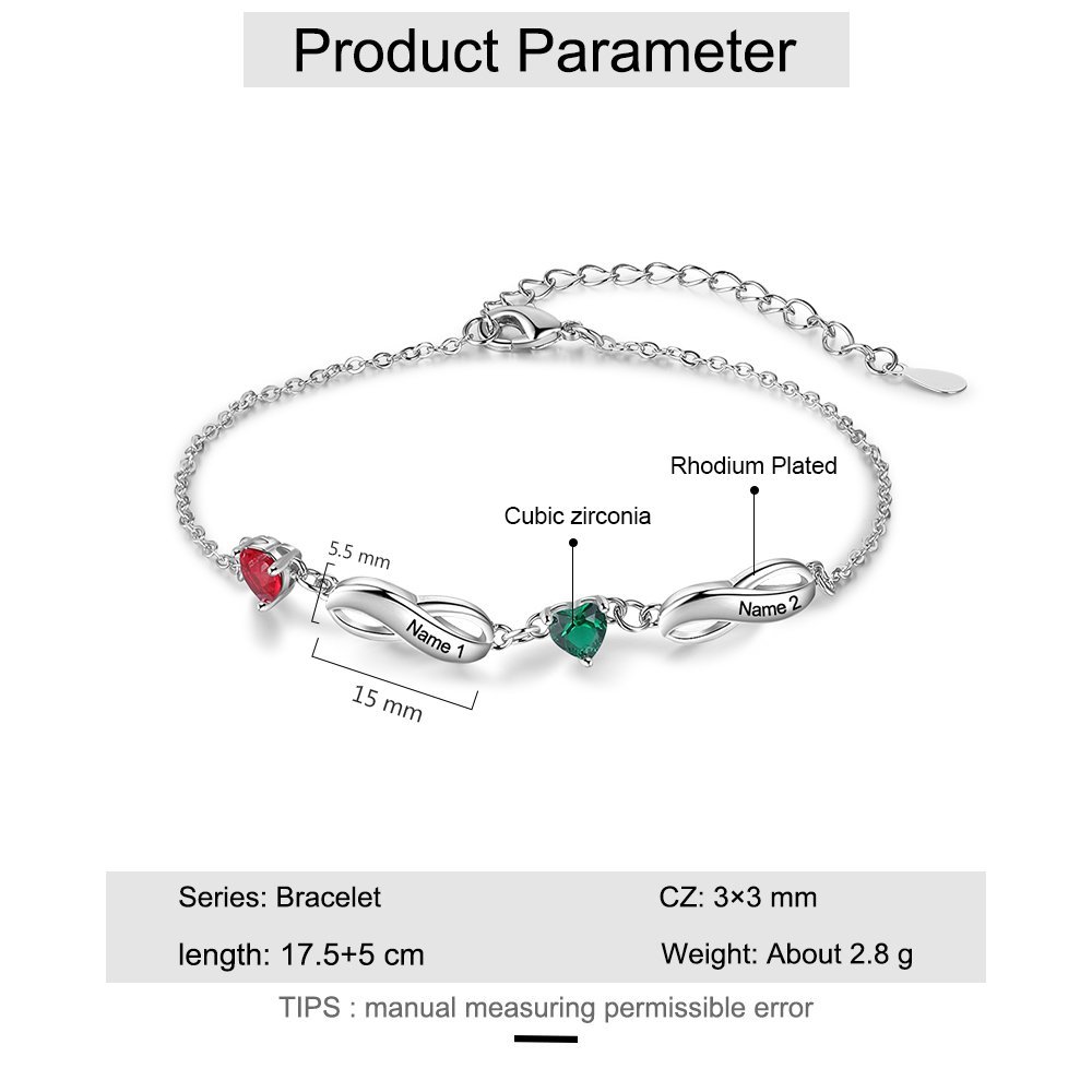 Braccialetto infinito con 2 pietre di nascita a forma di cuore e 2 nomi personalizzati