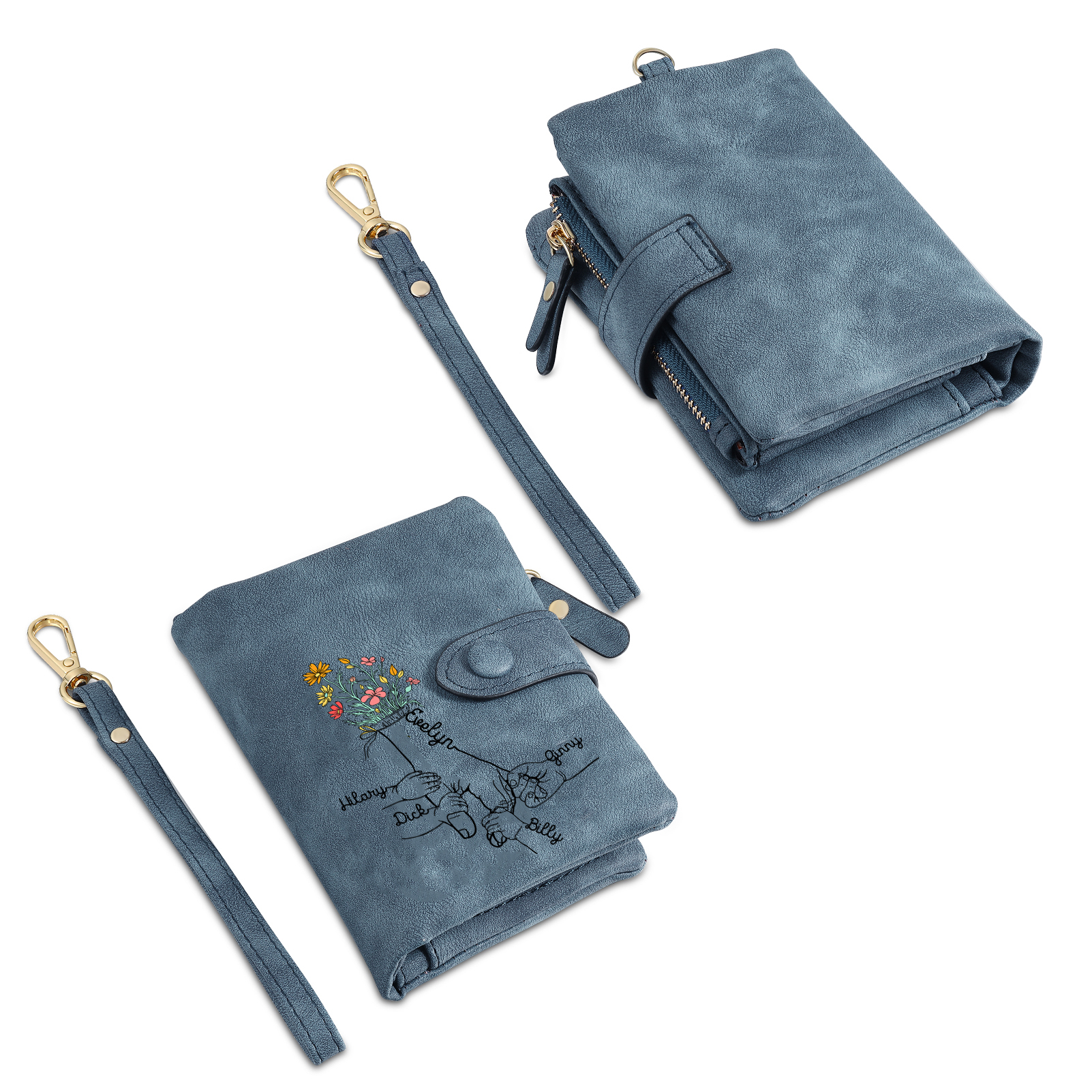 Portafoglio in PU pelle fiore mano con 5 nomi personalizzati per mamma/nonna
