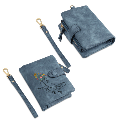 Portafoglio in PU pelle fiore mano con 5 nomi personalizzati per mamma/nonna