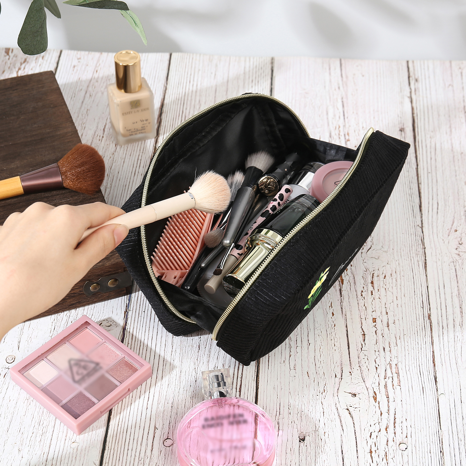 Borsa portabile per cosmetici in velluto a coste 1 nome e 1 fiore di nascita personalizzato multicolori da scegliere