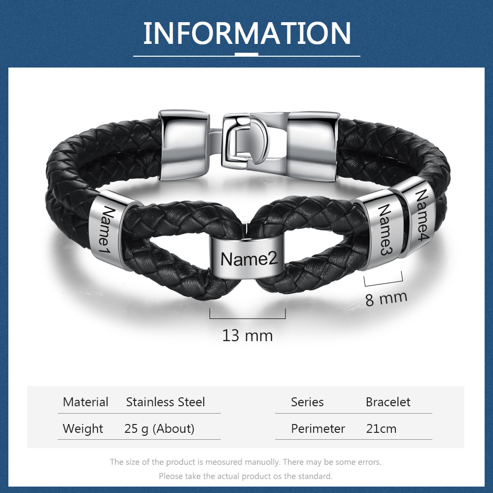 Braccialetto maschile in pelle intrecciata 4 nomi personalizzati