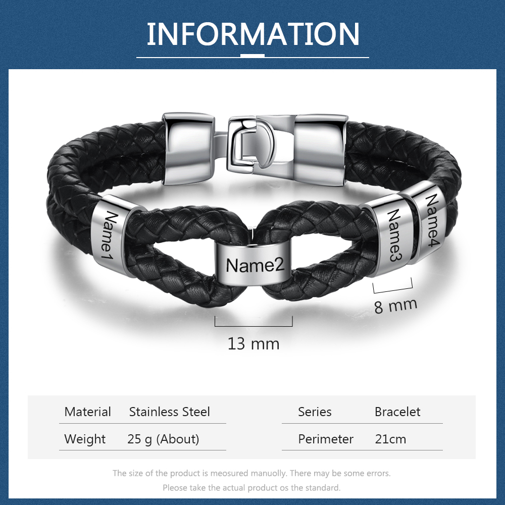 Braccialetto maschile in pelle intrecciata 4 nomi personalizzati