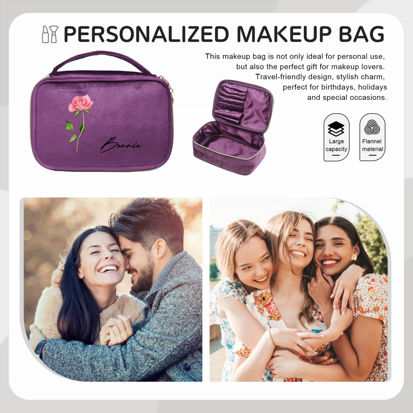 Borsa portabile per cosmetici in flanella per donna 1 nome e 1 fiore di nascita personalizzato multicolori da scegliere