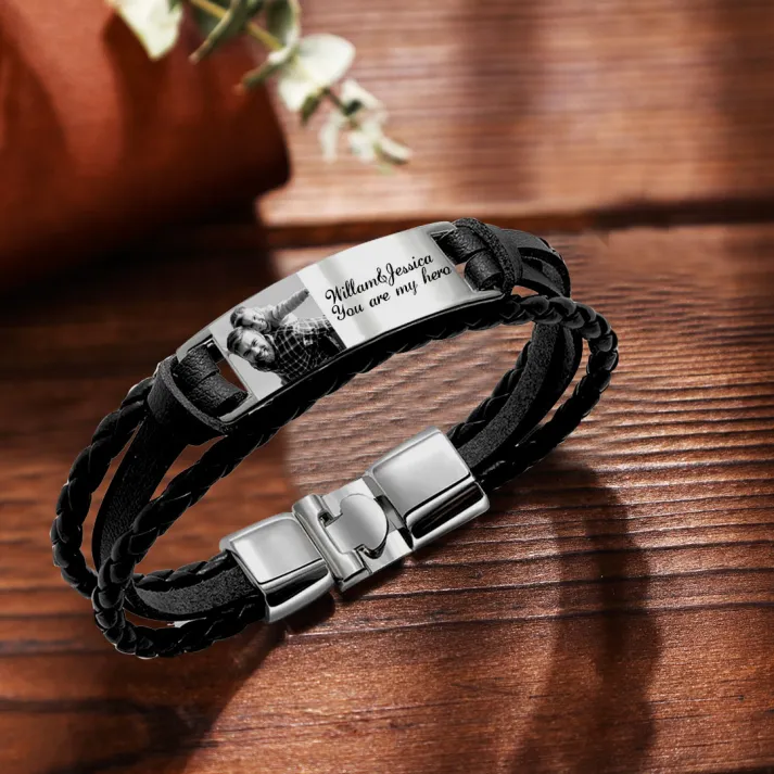 Braccialetto in pelle intrecciata personalizzato con 1 testo e 1 foto Braccialetto maschile