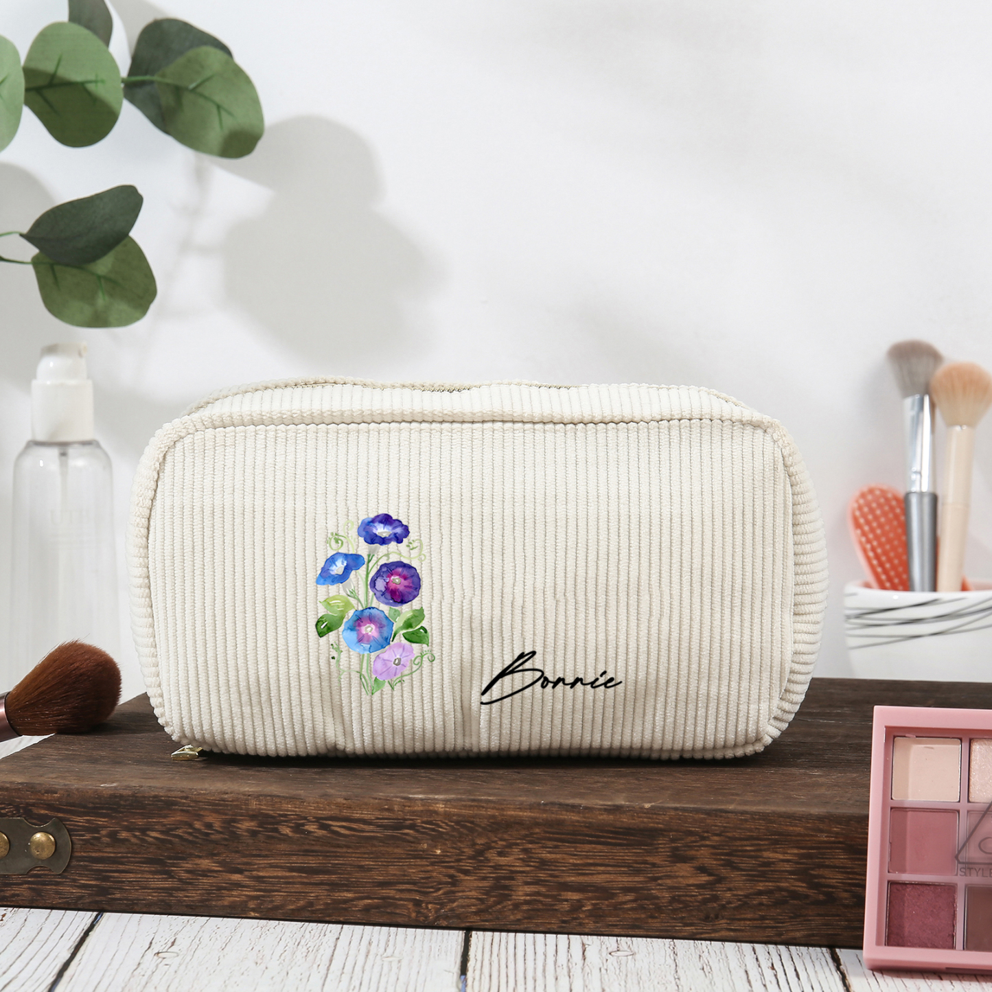 Borsa portabile per cosmetici in velluto a coste 1 nome e 1 fiore di nascita personalizzato multicolori da scegliere