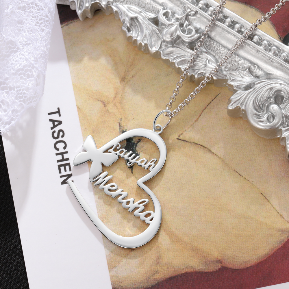 Argento s925 Collana con 2  nomi personalizzatIi e 2 nomi Farfalla