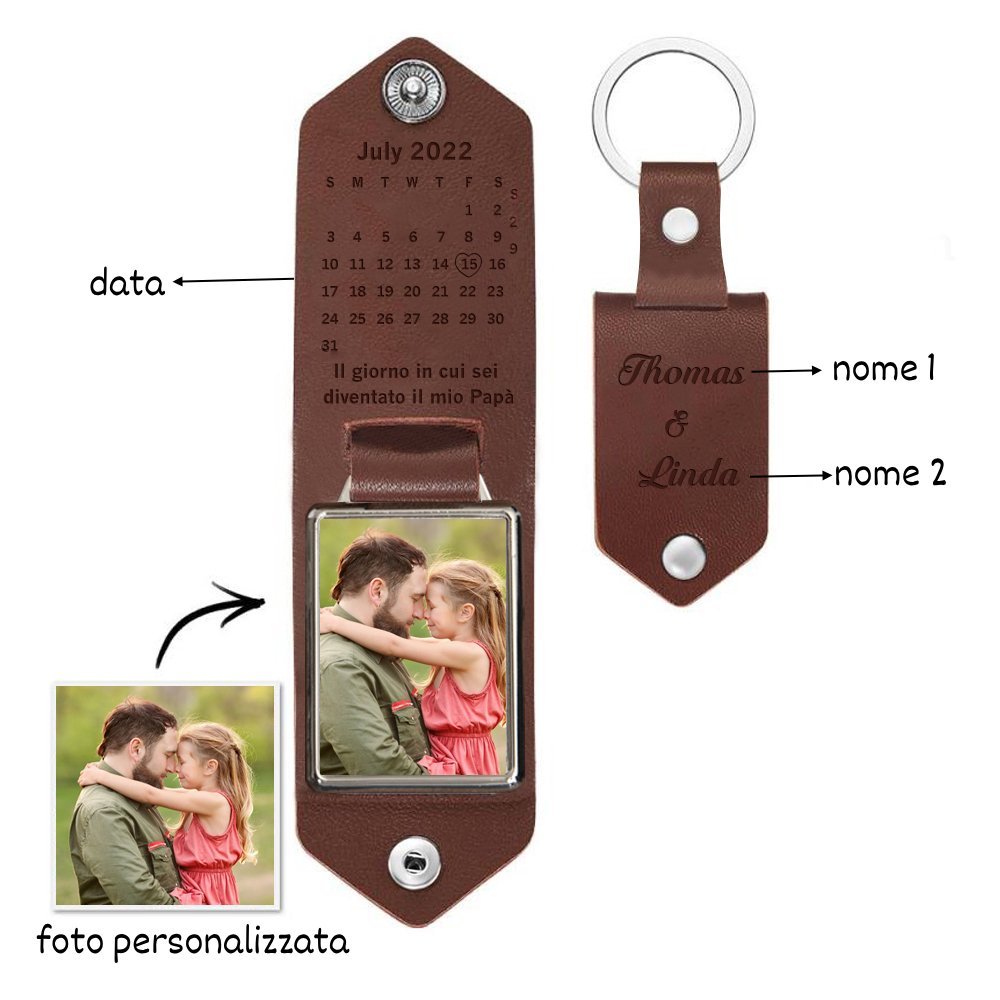 Portachiavi Pelle 1 foto e 1 data e 2 nomi personalizzabili regalo per Papà