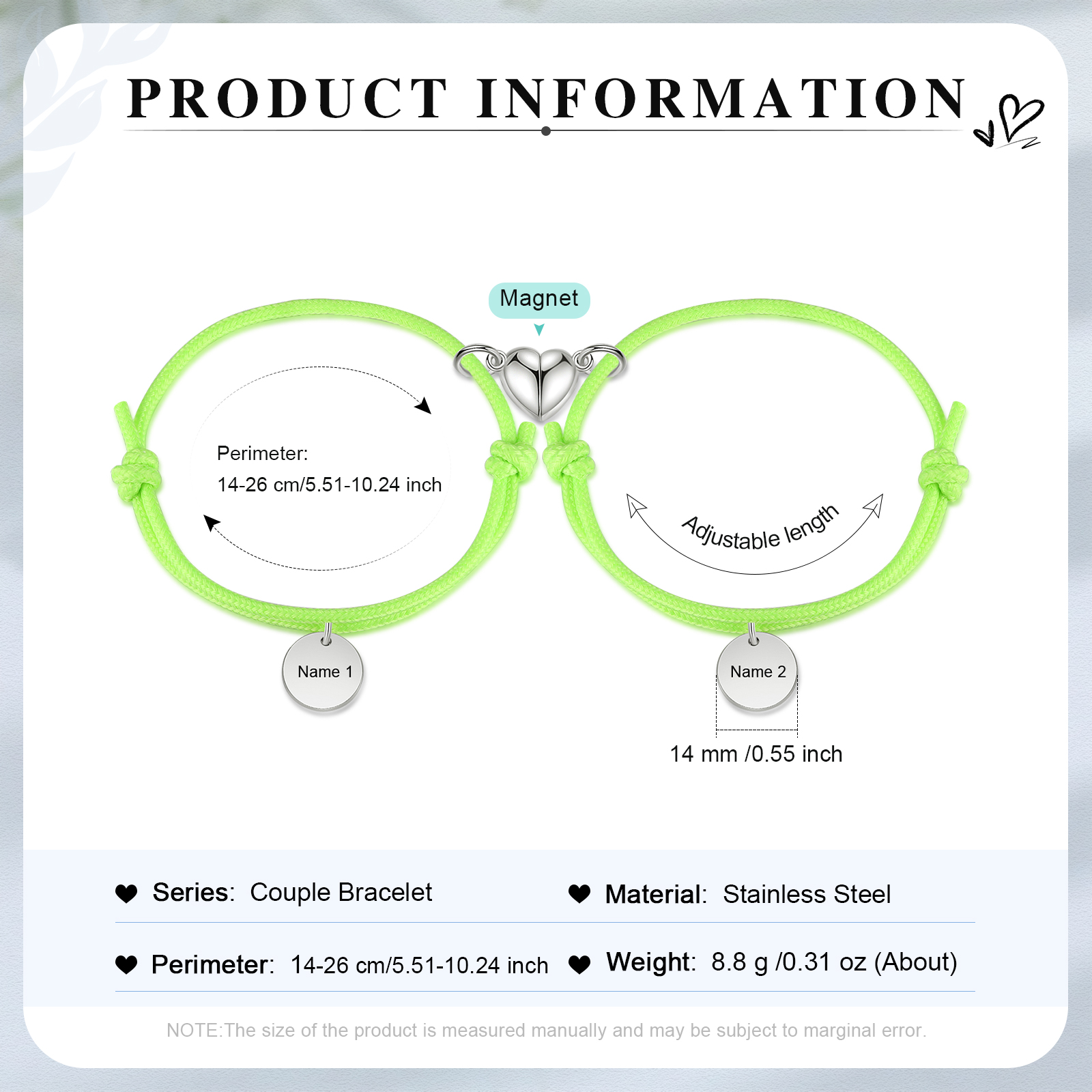 Braccialetti magnetici a corda 2 lettere personalizzate per coppia ciondolo rotondo
