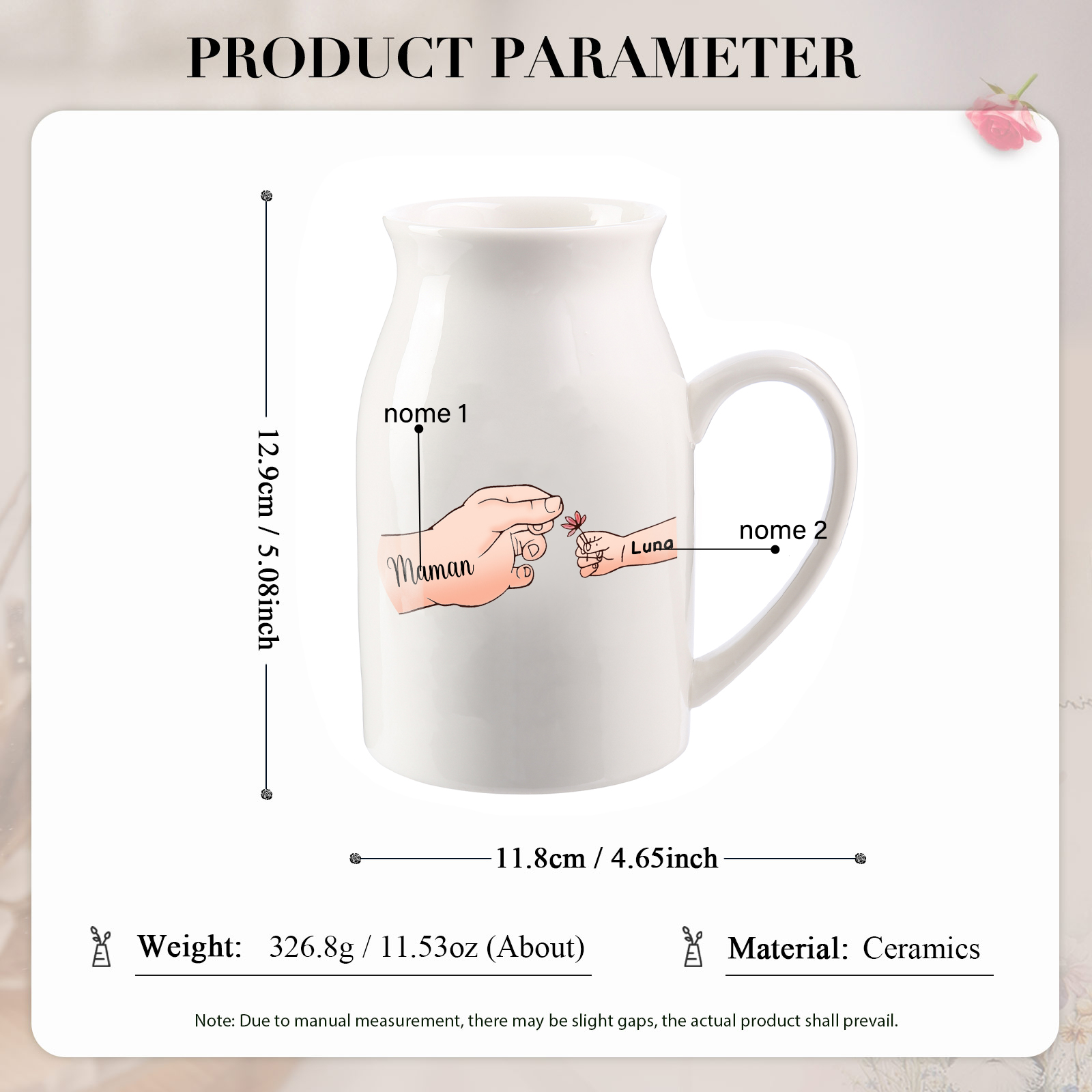 Vaso di ceramica con mano passando il fiore 2 nomi personalizzati per nonna/mamma