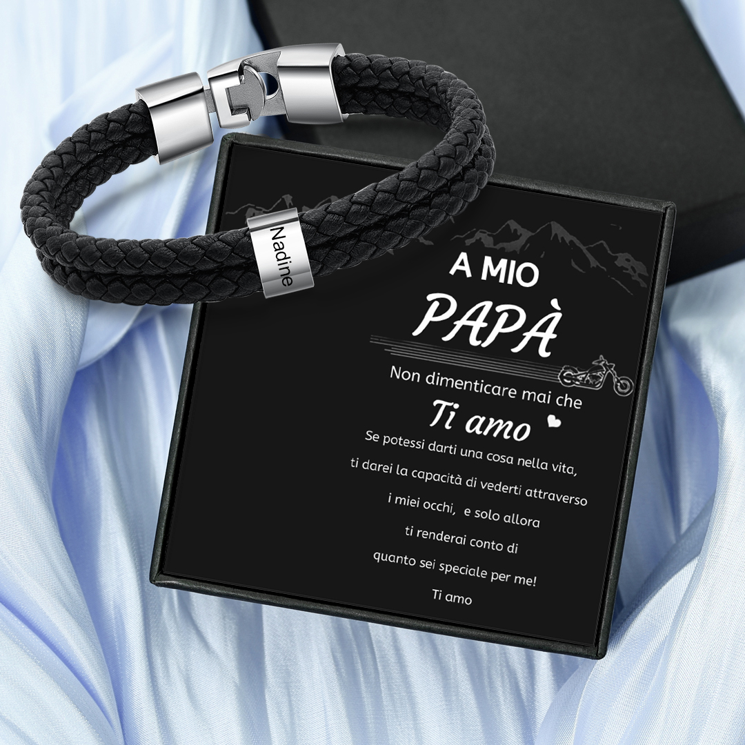 A MIO PAPÀ-Braccialetto di pelle intrecciatta con 1 nome personalizzato di perline regalo per la festa del papà