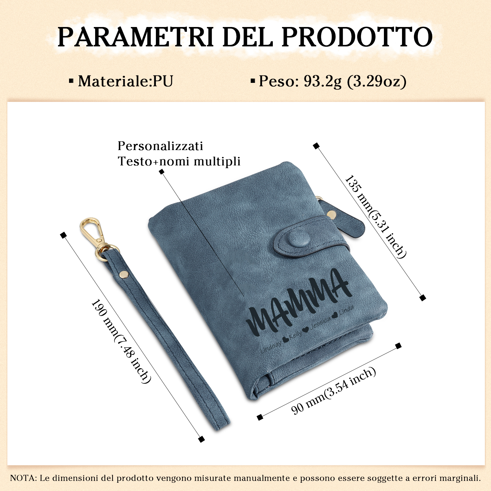 Portafoglio in PU pelle con 5 nomi & 2 testi & 1 foto personalizzati per mamma