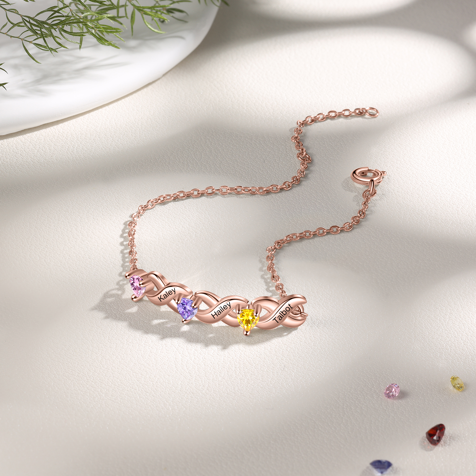 Braccialetto personalizzato con 3 nomi e 3 cuore pietre di nascita regalo per donna