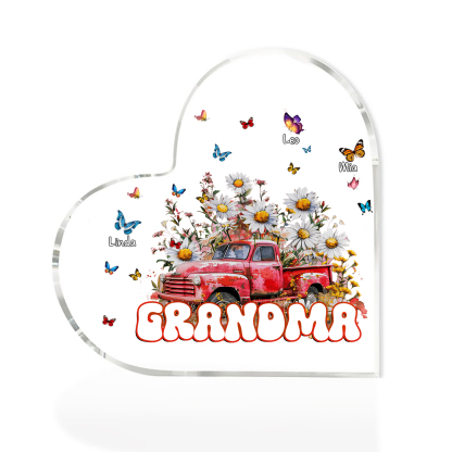 Test-Mamma-Decorazione acrilica con fiori e macchina 3 nomi e 1 testo personalizzati per mamma/nonna