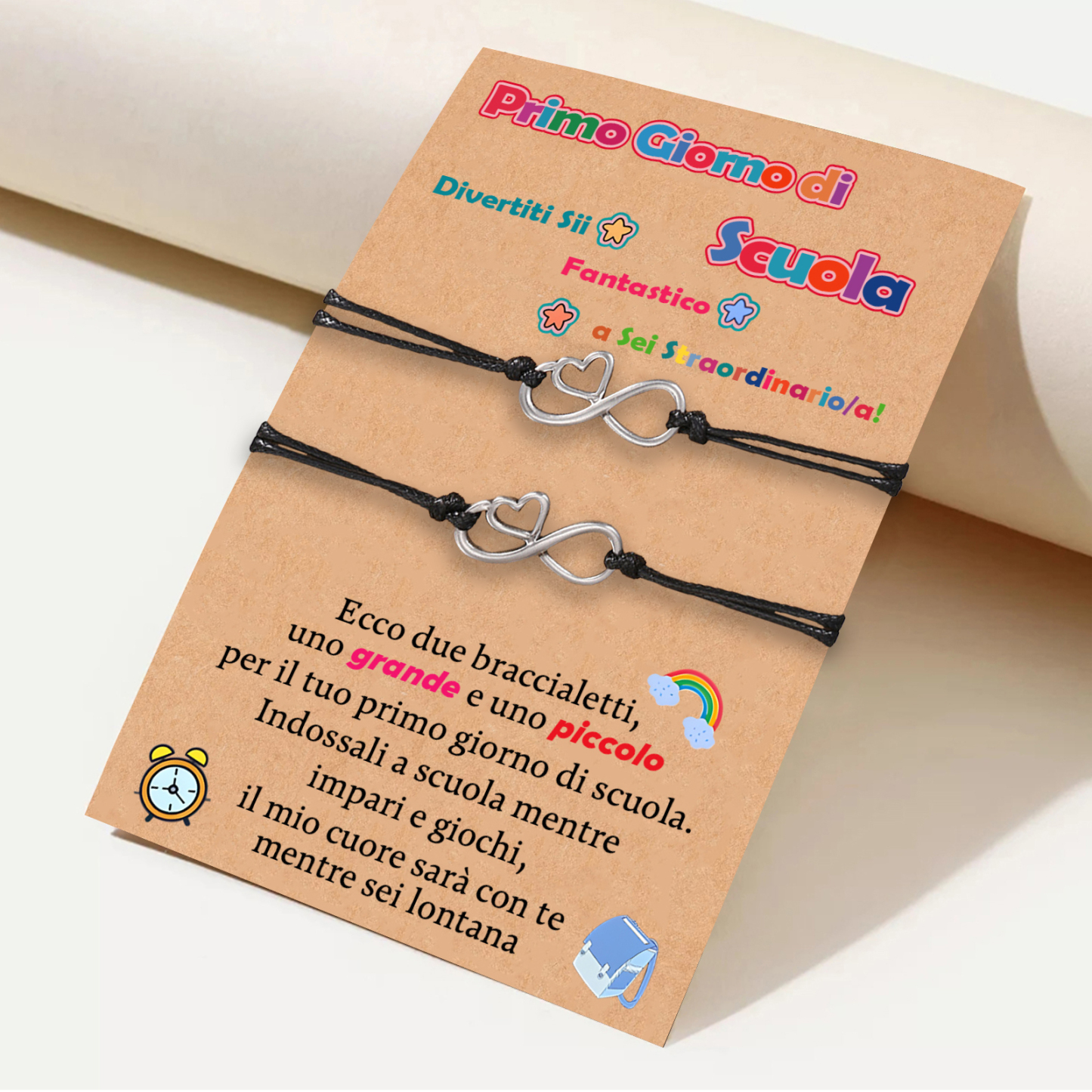 2PCS Braccialetto cuore e infinito regorabile regalo per bambina a scuola con carta
