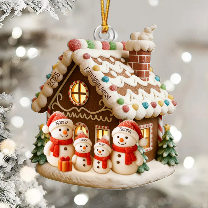 Addobbo per albero di Natale personalizzabile con casa di pan di zenzero e famiglia di pupazzi di neve – fino a 1–6 nomi