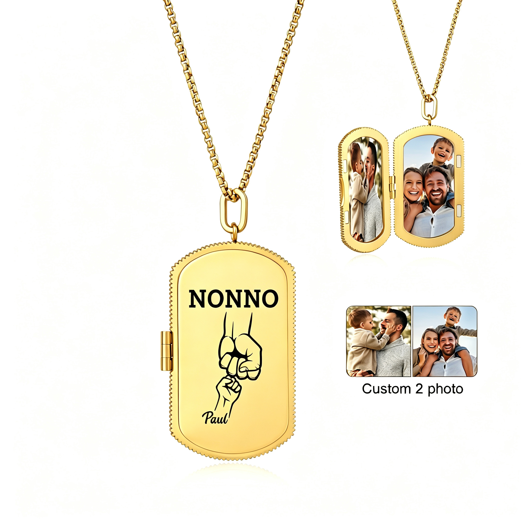 Collana con Medaglione Portafoto Personalizzato per Papà con 2-7 Nomi e Pugni