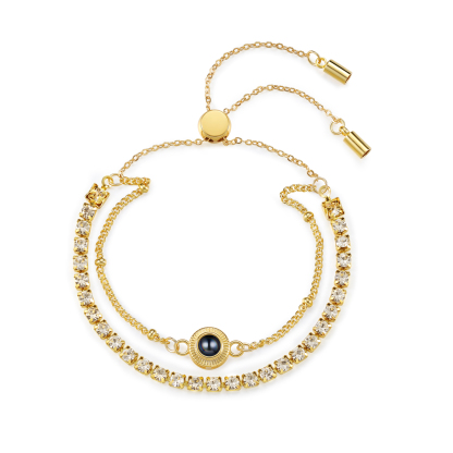 Bracciale con proiezione fotografica personalizzata e doppia fila di strass – bracciale da donna regolabile