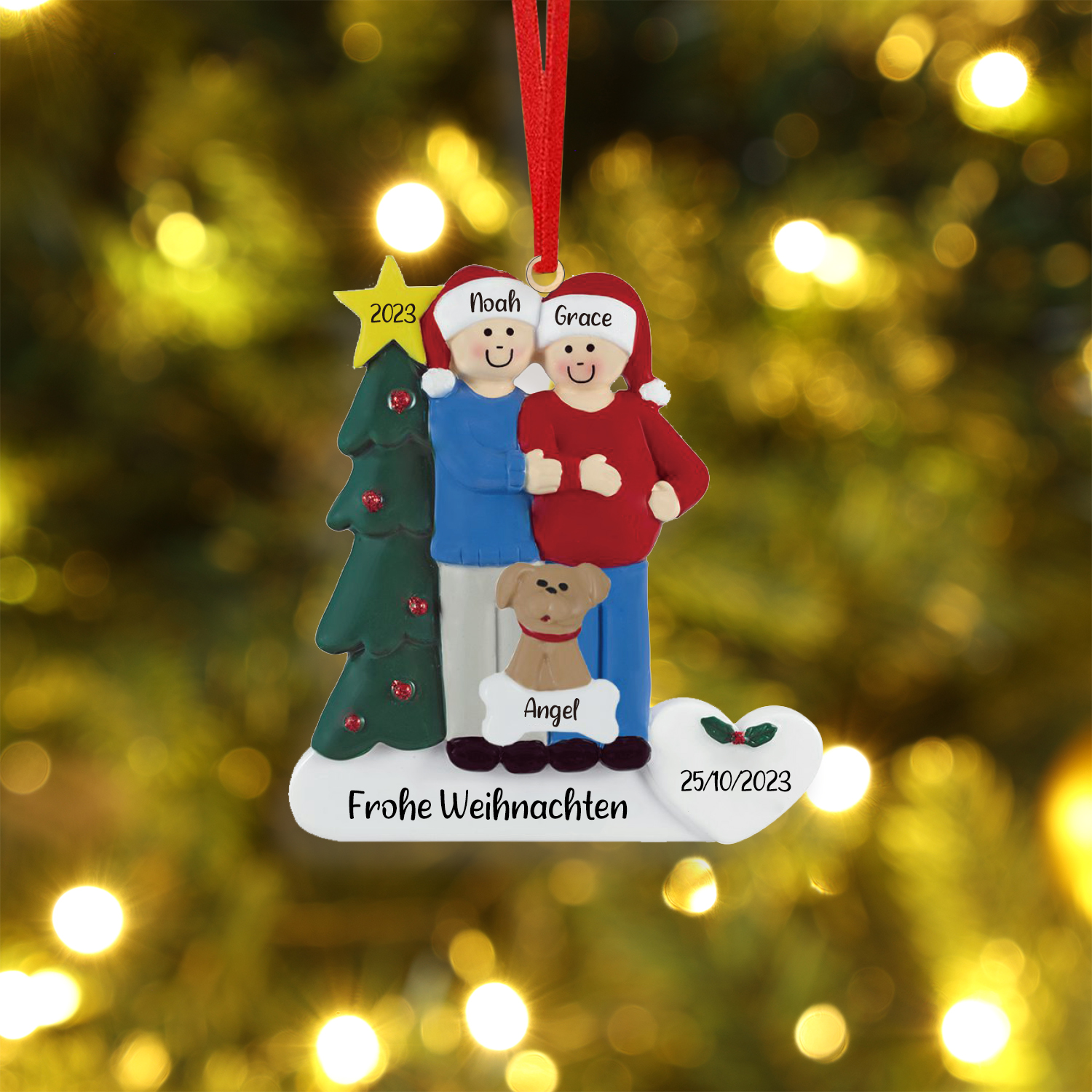 Ciondolo Familiare 2023 per albero di Natale 2 nomi e 1 cane personalizzabili