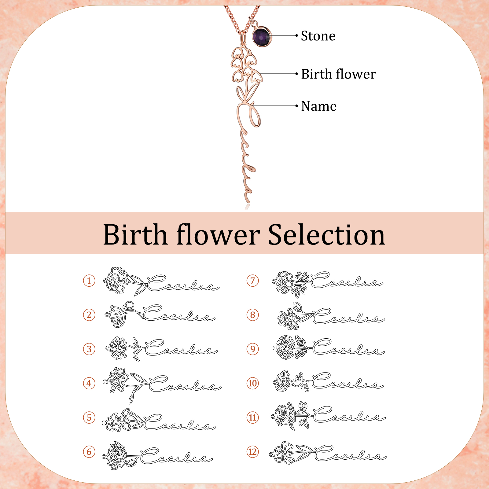 Collana 925 Argento Fiore elegante con 1 pietra di nascita e 1 nome e 1 fiore di nascita personalizzabili per donna
