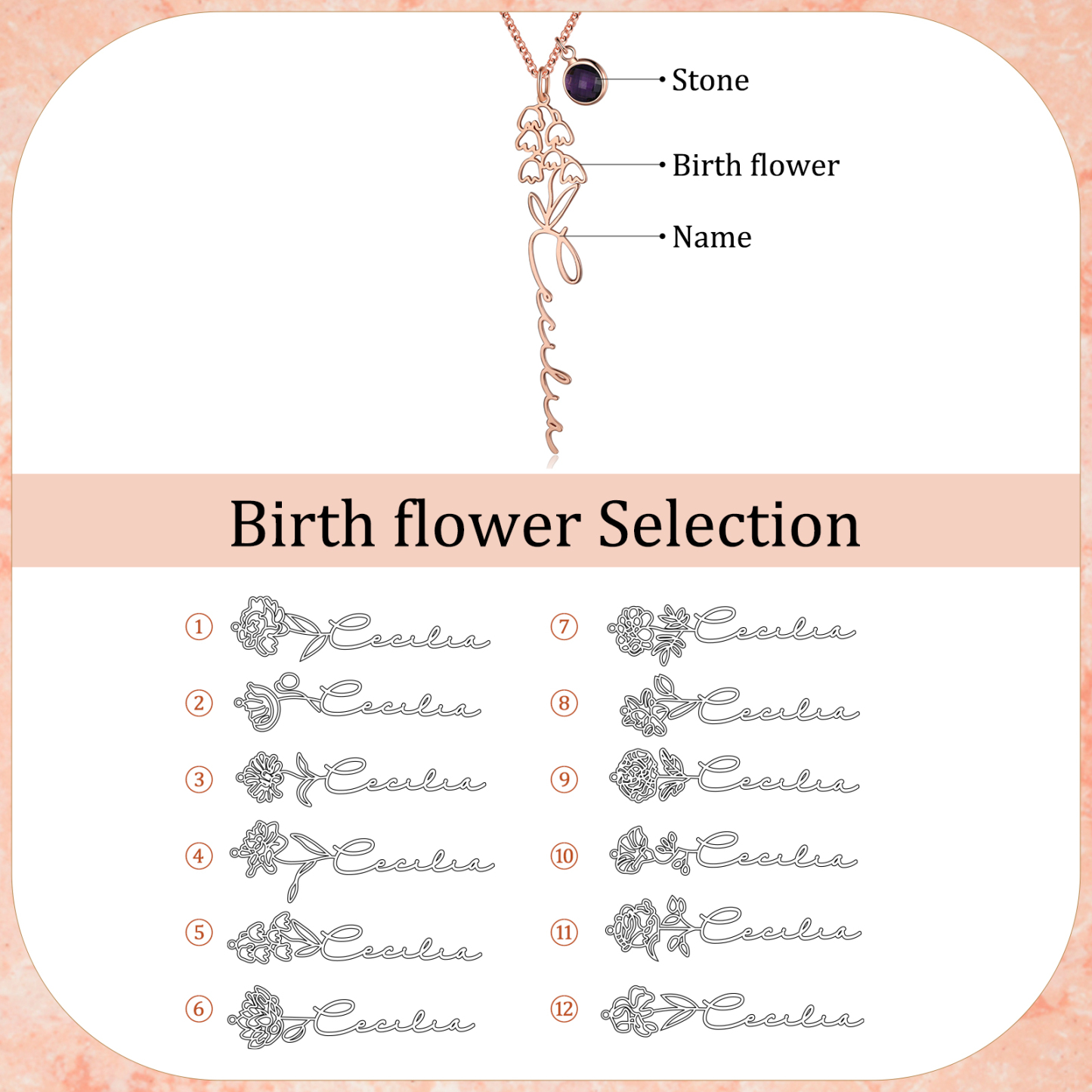 Collana 925 Argento Fiore elegante con 1 pietra di nascita e 1 nome e 1 fiore di nascita personalizzabili per donna