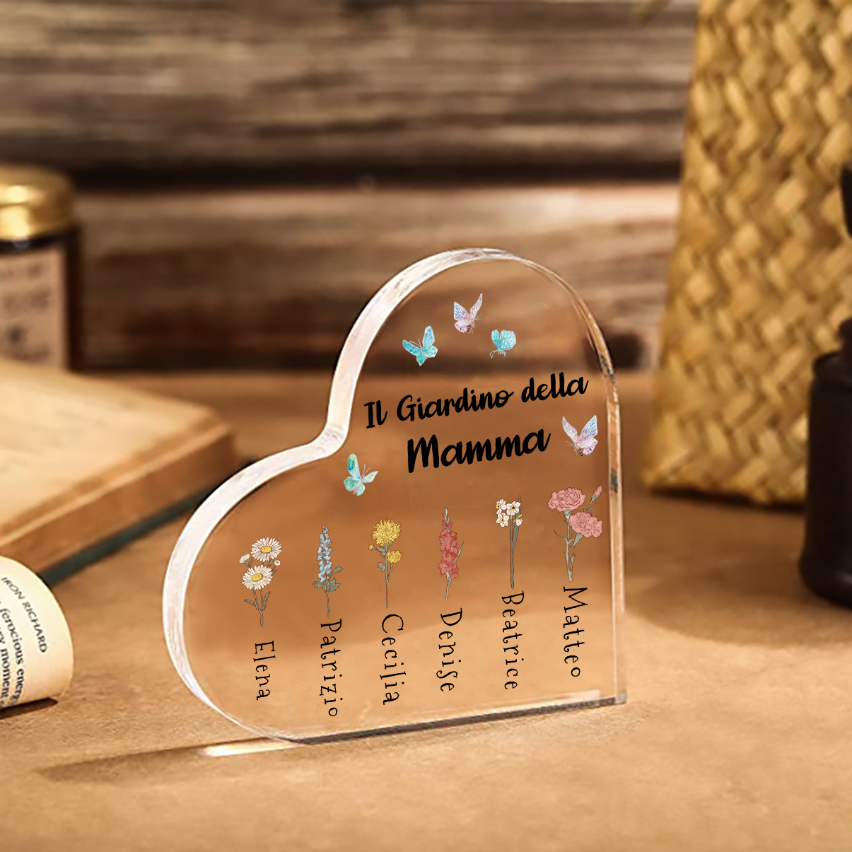Targa acrilica personalizzata a forma di cuore - giardino della mamma - con 1-6 nomi e fiori di nascita - Regalo per la mamma