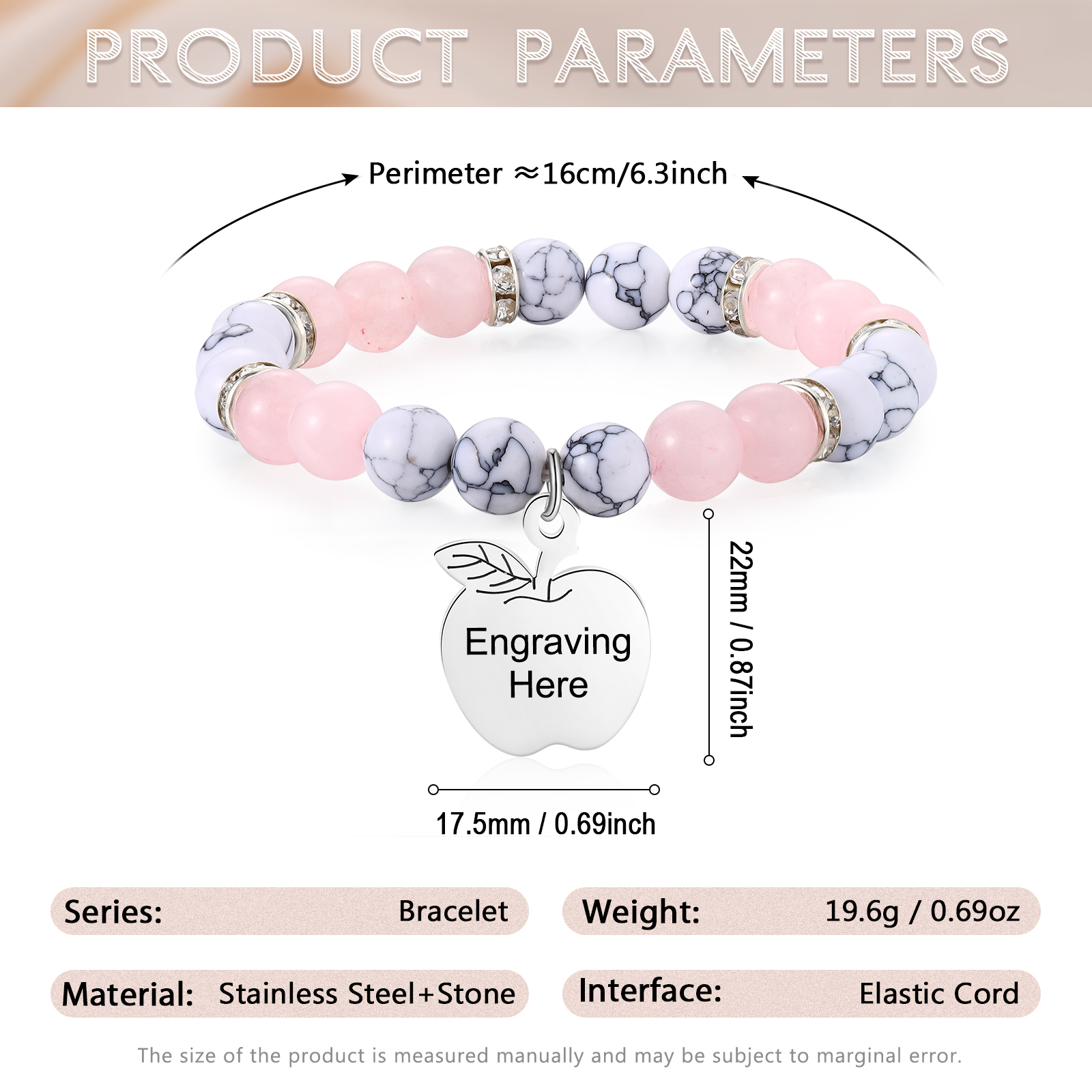 Braccialetto di pietre naturali con 1 testo personalizzato multicolori da scegliere