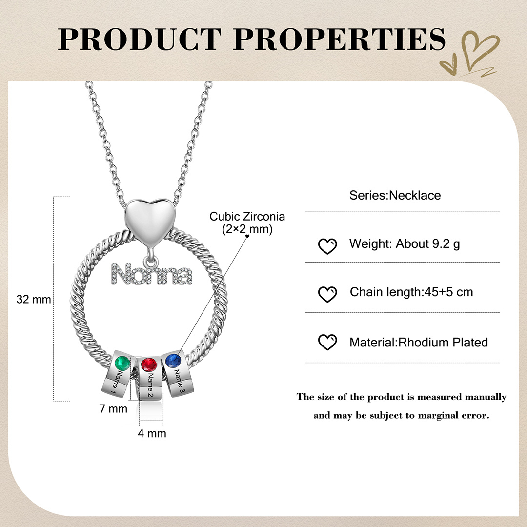 Collana con ciondolo nonna 3 nomi incisioni e pietre di nascita personalizzate