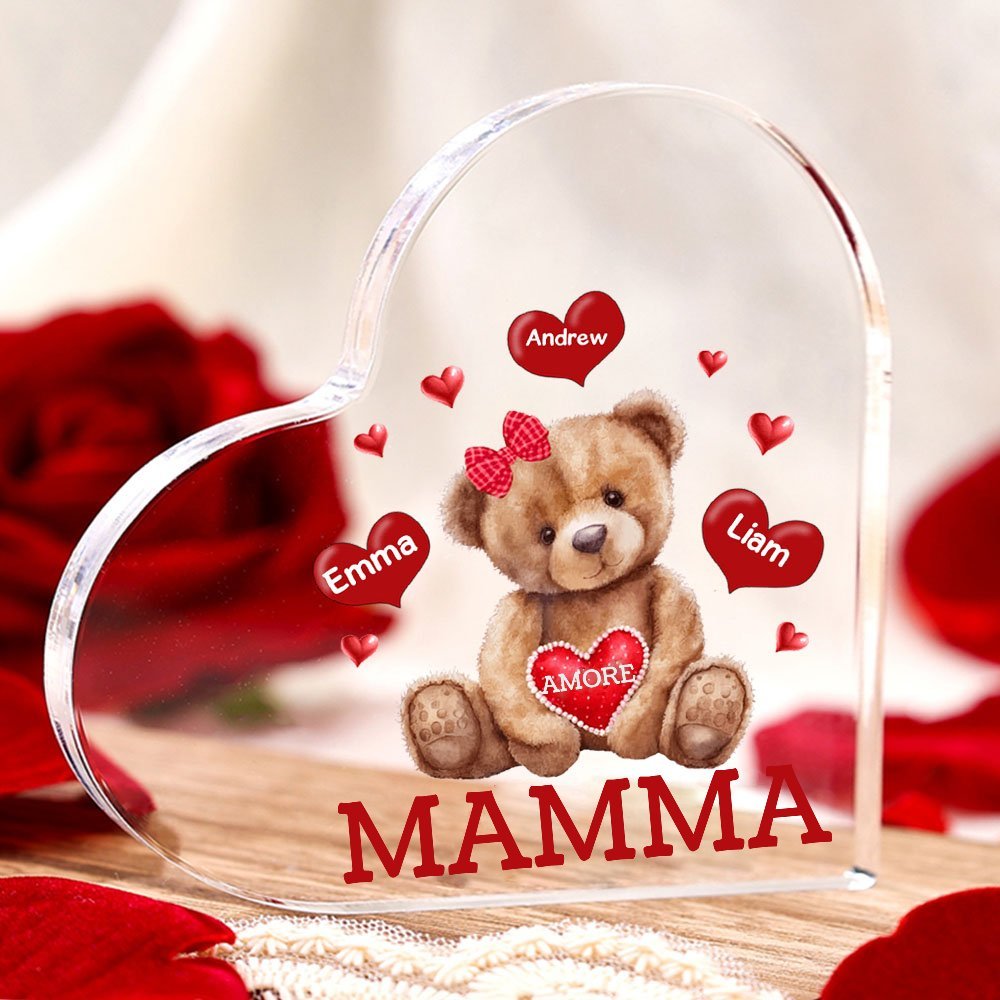 Jessemade IT MAMMA Decorazione acrilica con orsacchiotto a forma di cuore 3 nomi e 2 testi personalizzati per mamma/nonna