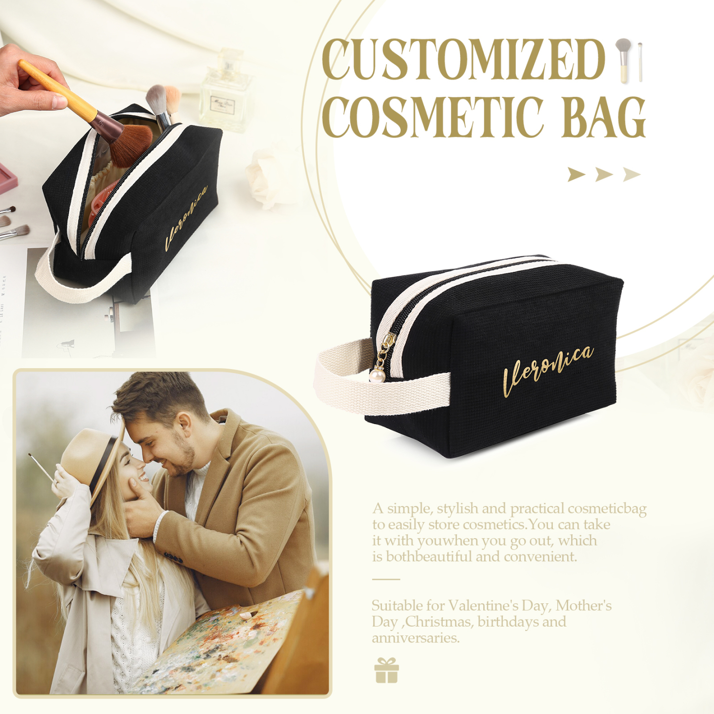 Borsa portabile per cosmetici in velluto a coste per donna 1 nome personalizzato regalo per donna