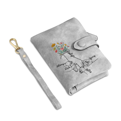 Portafoglio in PU pelle fiore mano con 5 nomi personalizzati per mamma/nonna