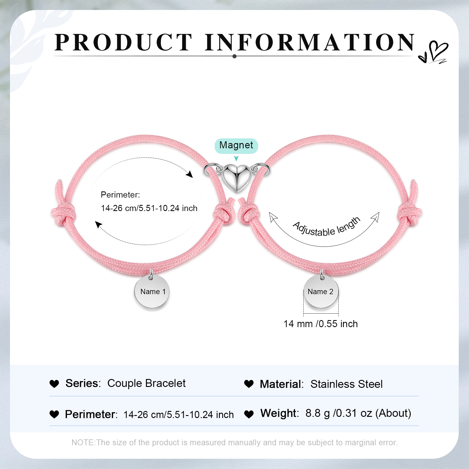 Braccialetti magnetici a corda 2 lettere personalizzate per coppia ciondolo rotondo