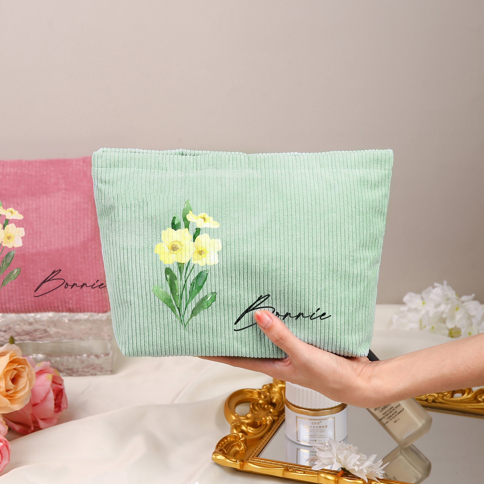 Borsa portabile per cosmetici in velluto a coste per donna 1 nome e 1 fiore di nascita personalizzato multicolori da scegliere