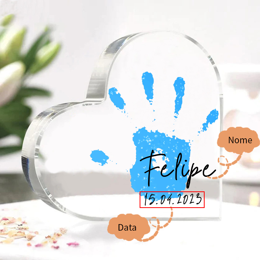 Decorazione acrilica impronta di mano a forma di cuore 1 nome e 1 data personalizzati