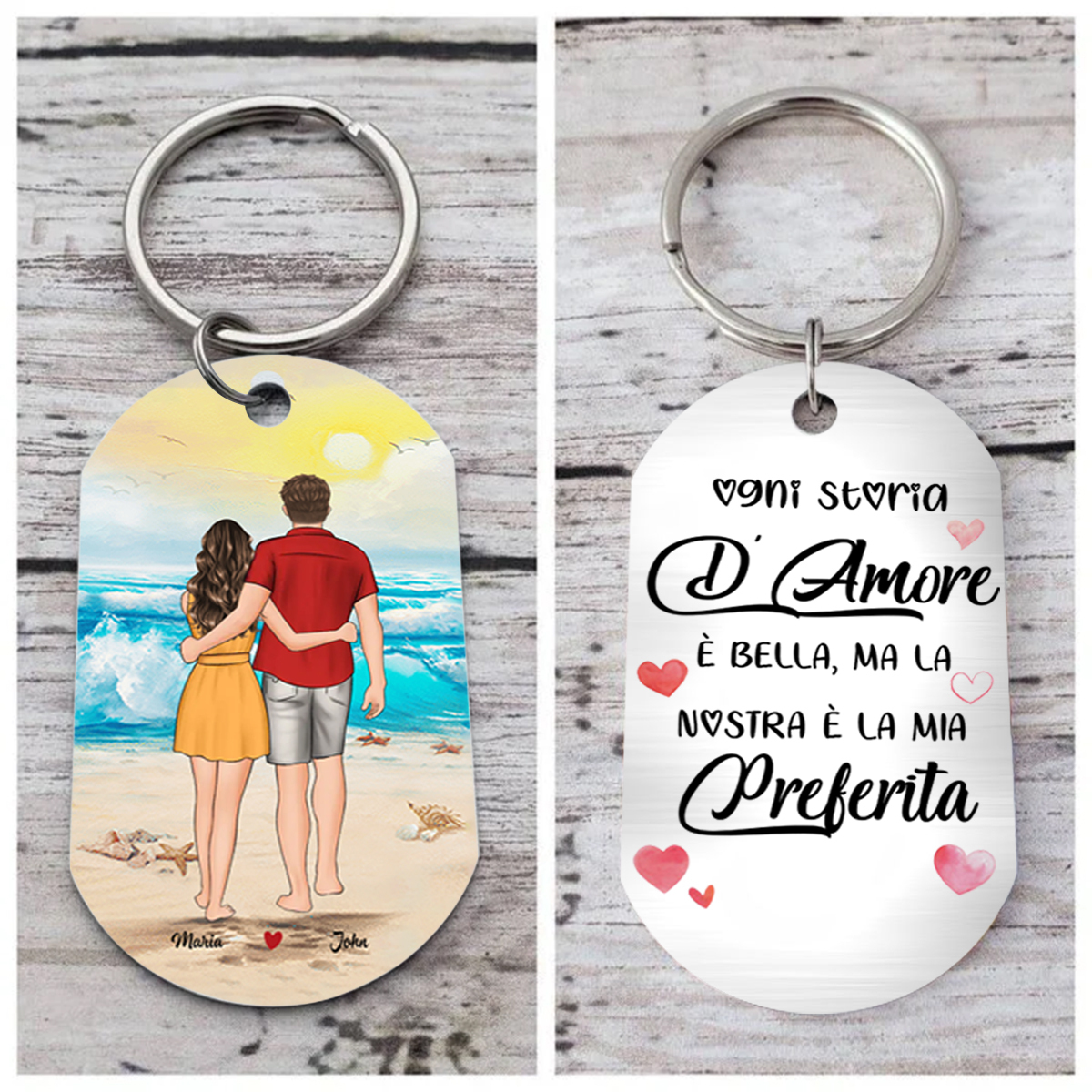 Portachiavi Personalizzato con 2 Nomi e Personaggi - Design Spiaggia "