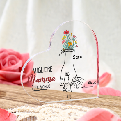 Regalo Personalizzato per Mamma – Cuore Acrilico con Albero Genealogico e Nomi | Con Fiori di Nascita (1–7 Membri)