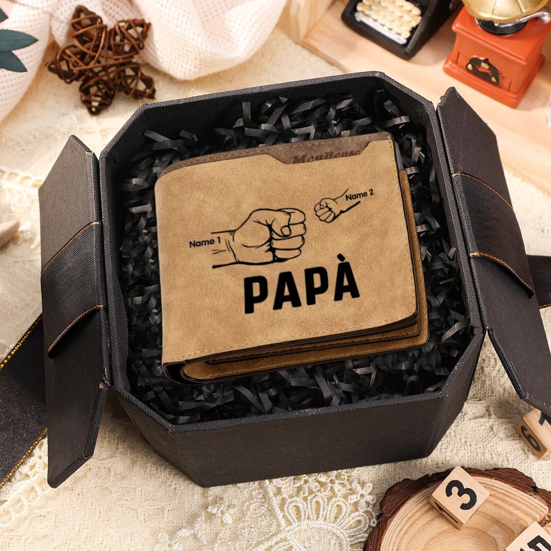 Portafoglio Uomo Personalizzato – Incisione Foto, Testo e 2 Nomi – Con Carta Pugno & Scatola Regalo – Perfetto per Papà | Jessemade