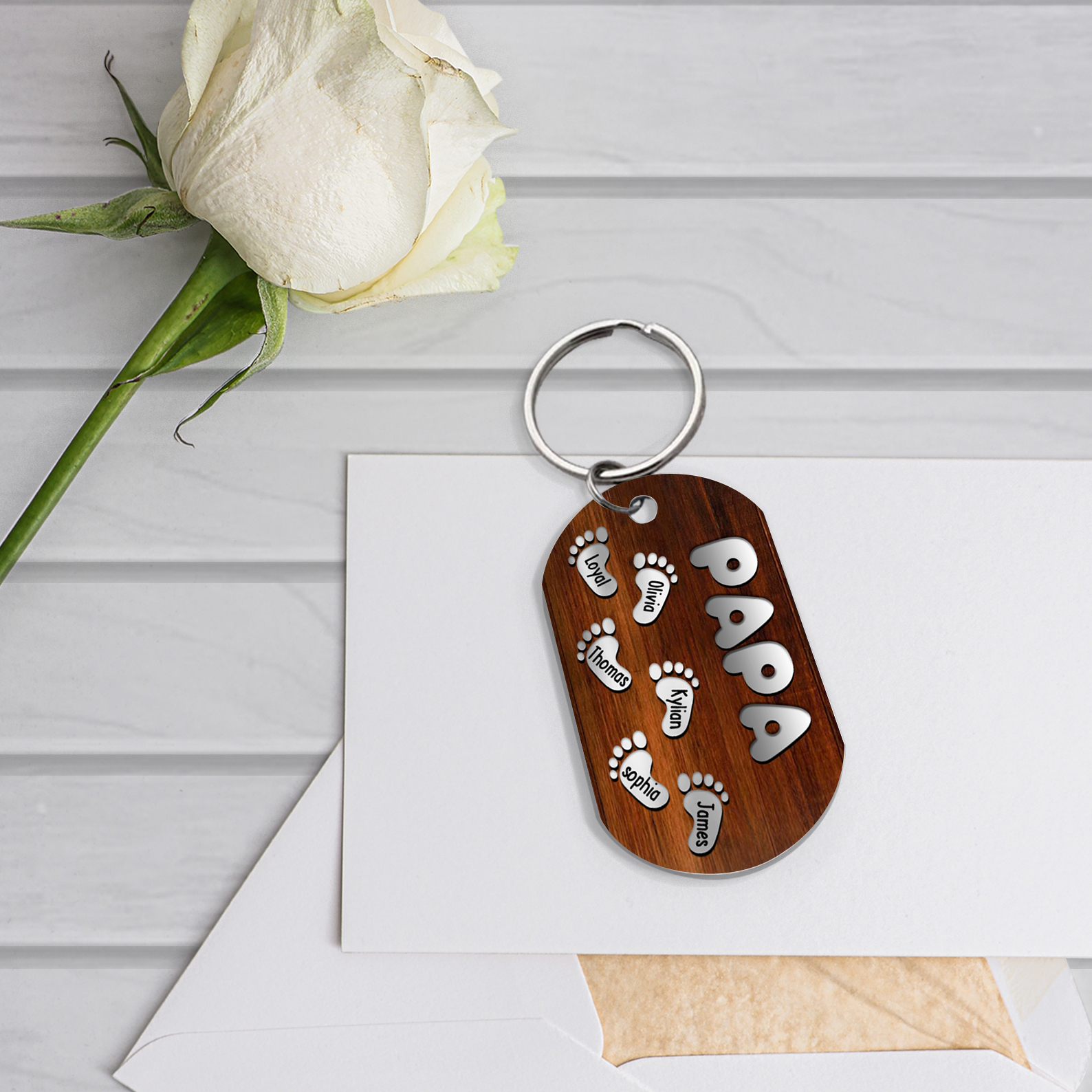 Nonno-Portachiavi con piedino 6 nomi e 1 testo personalizzati regalo per papà/nonno