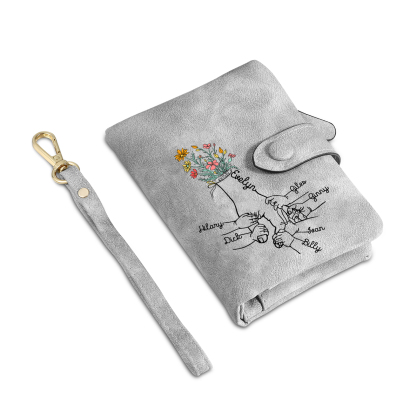 Portafoglio in PU pelle fiore mano con 7 nomi personalizzati per mamma/nonna