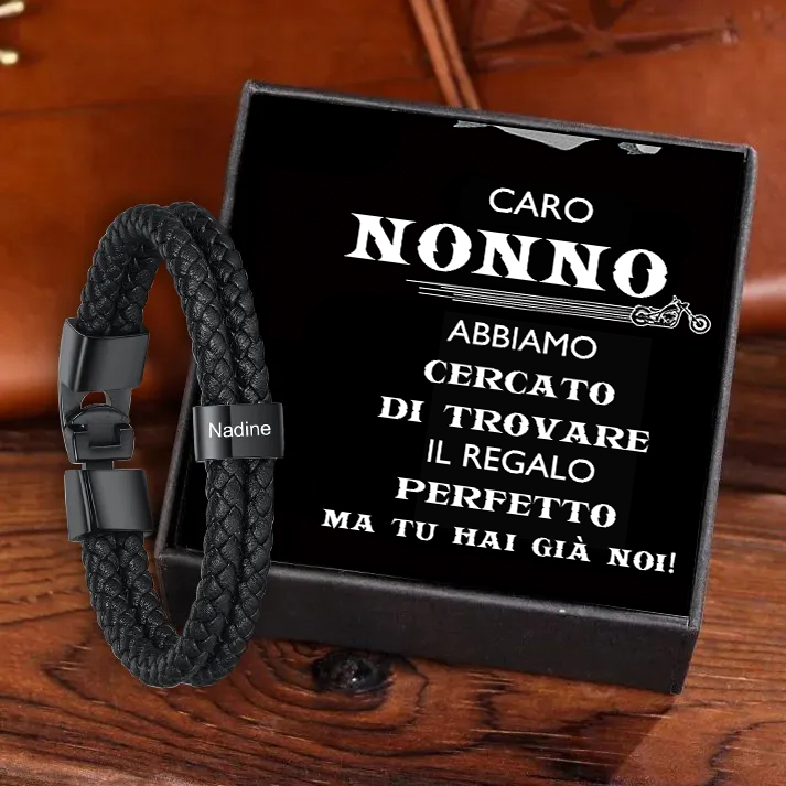 Caro Nonno-Braccialetto di pelle intrecciatta con 1 nome personalizzato di perline con carta